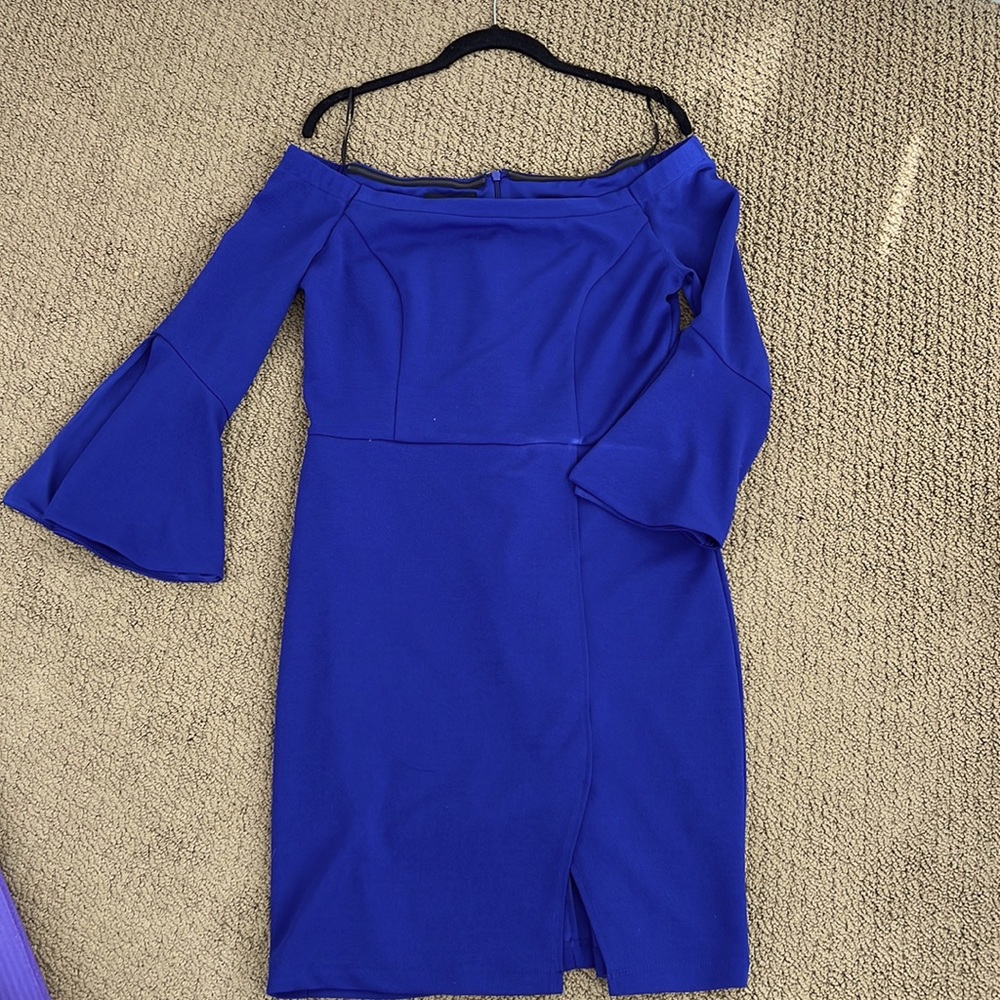 ABS collection off shoulder bell sleeve royal/purple size 10 stretch knit lined